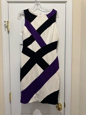 Cache Sleeveless Colorblock Midi Dress in White, Black & Purple